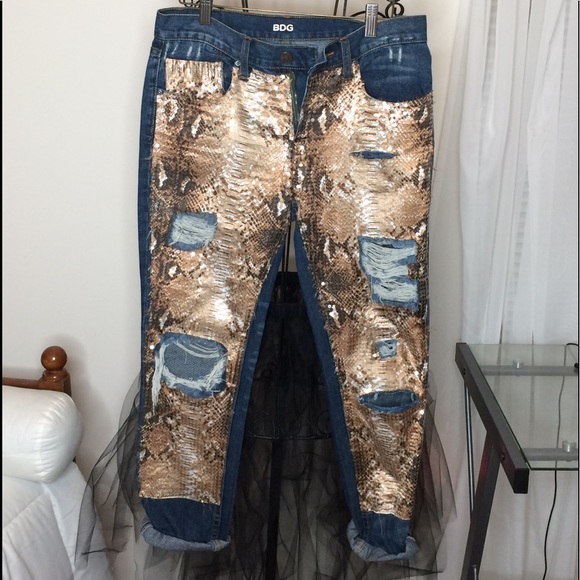 Custom snakeskin sequins distress denim jeans - Picture 3 of 5